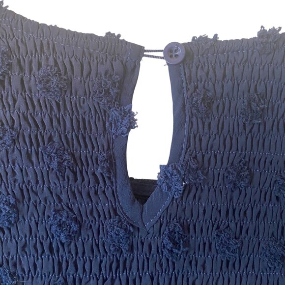 Annebouti Navy Dress Swiss Dot Flare Sleeve Flowy Smocked Bodice Ruffle Hem XL - Picture 9 of 10